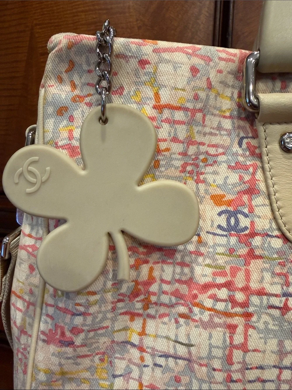 CHANEL Multicolor Printed Canvas Tote with Cream Leather Trim and Strap